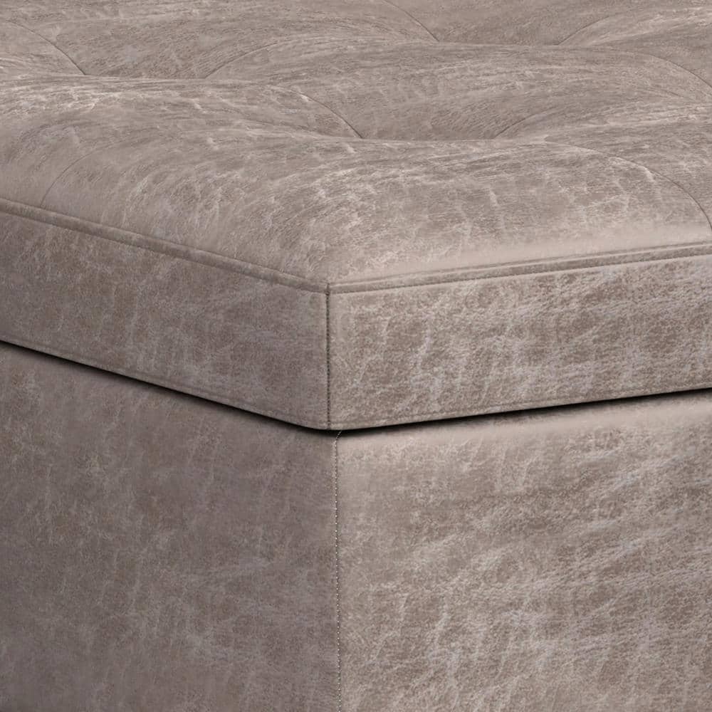 Shay 38" Distressed Grey Taupe Faux Leather Tufted Cocktail Ottoman