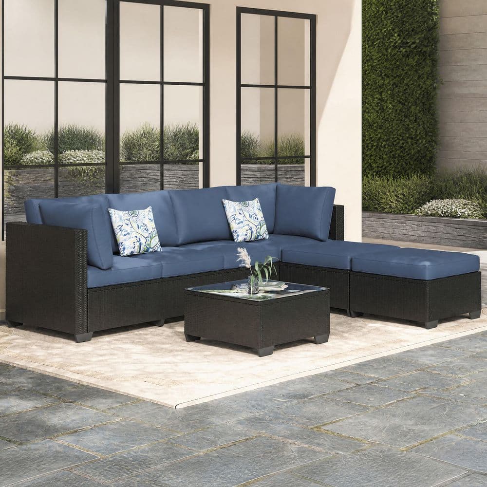 7-Piece Wicker Garden Sectional Furniture Set Outdoor Conversation Set with Black Rattan&Dark Blue Cushion price history on PriceWatchPro