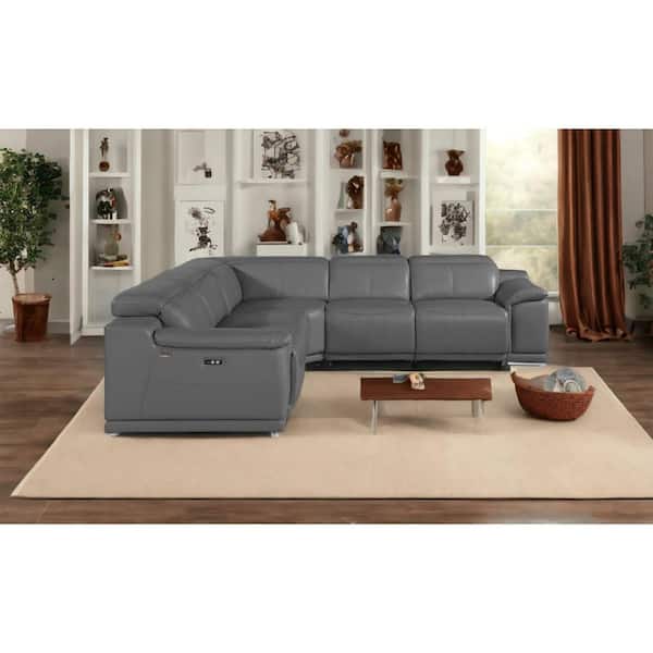 110.00 in. Flared Arm 5 piece Leather U-Shaped Sectional Sofa in. Gray