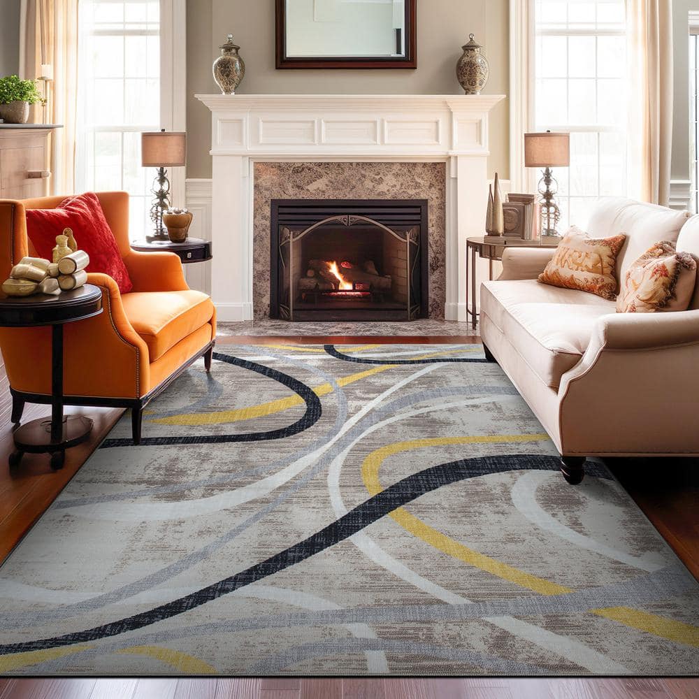 Contemporary Distressed Yellow and Gray Abstract Non-Slip Area Rug 5' x 7'