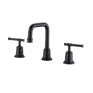8 in. Widespread Double Handled Mid Arc Bathroom Faucet with Drain Assembly in Matte Black