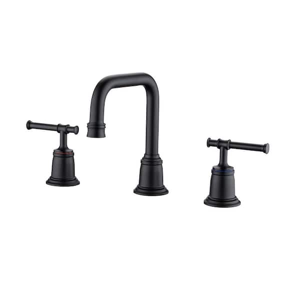 Lukvuzo 8 in. Widespread Double Handled Mid Arc Bathroom Faucet with Drain Assembly in Matte Black
