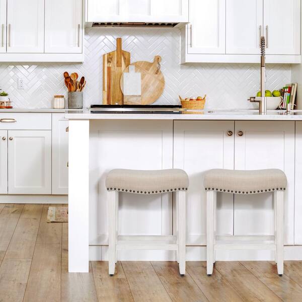 Jameson 24 in. Counter Height Antique White Wood Backless Barstool with Beige Linen Saddle Seat (Set of 2)