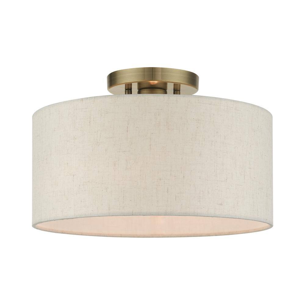 Elegant Antique Brass Drum LED Semi-Flush Mount Light, 13"W
