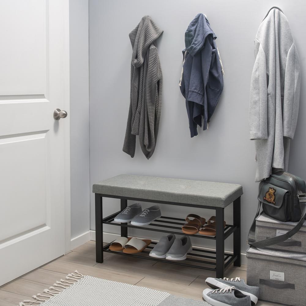 Gray Metal Upholstered Storage Bench with Shoe Rack