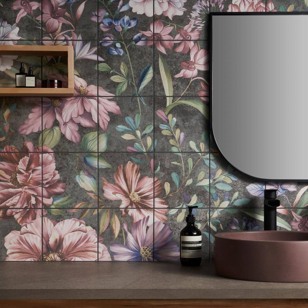 Angela Harris 8" x 8" Pink and Gray Porcelain Floral Wall Tile
