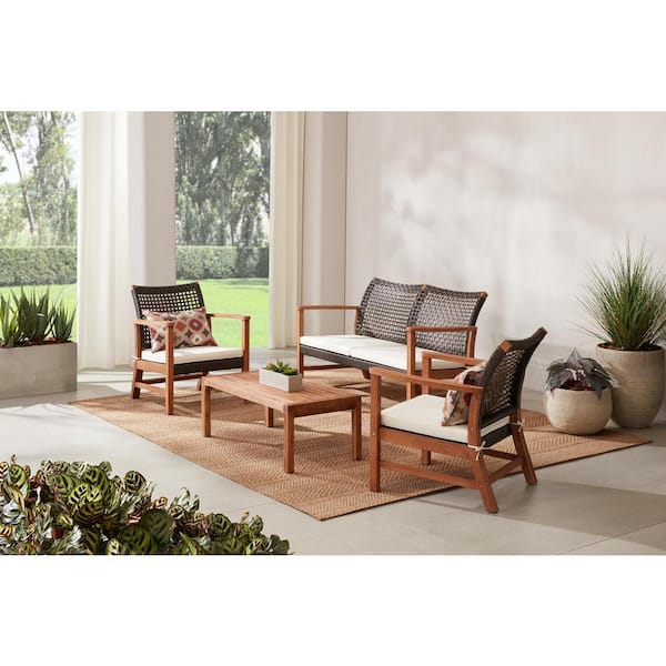 Hampton Bay Clover Cay 4-Piece Wicker Outdoor Patio Conversation Set With CushionGuard Off-White Cushions