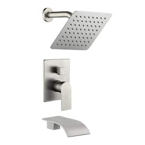 Single-Handle 2-Spray Square Shower Faucet with Tub Waterfall Spout in Brushed Nickel Valve Included