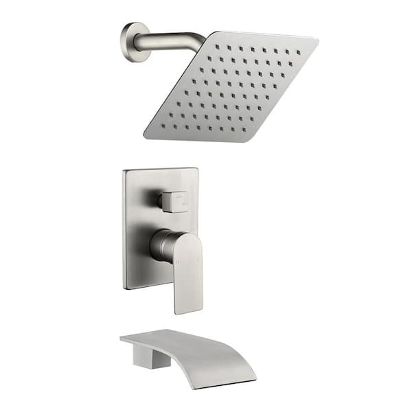 Miscool Single-Handle 2-Spray Square Shower Faucet with Tub Waterfall Spout in Brushed Nickel Valve Included