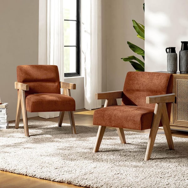 Odemaris Rust Polyester Arm Chair Set of 2 with Curved Wood Arms