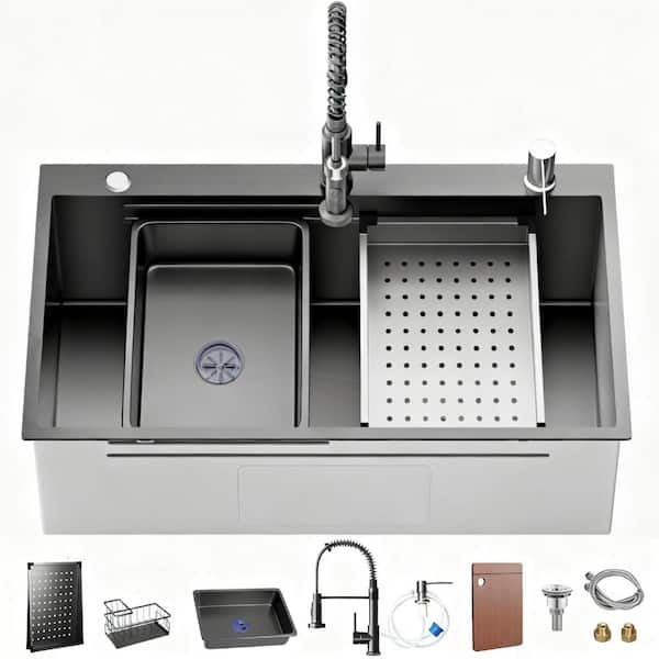 32 in. Drop-In Single Bowl Nano PVD Black Stainless Steel Kitchen Sink with Pull-Down Faucet and Accessories