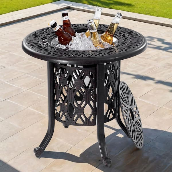 Antique Bronze Aluminum Frame Round Outdoor Side Table With Removable Ice Bucket
