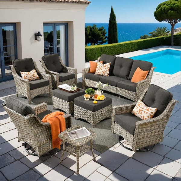Palffy Gray 8-Piece Wicker Patio Conversation Seating Set with Black Cushions and Swivel Rocking Chairs