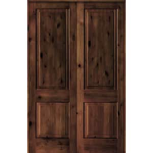64 in. x 96 in. Rustic Knotty Alder 2-Panel Universal/Reversible Red Mahogany Stain Wood Double Prehung Interior Door