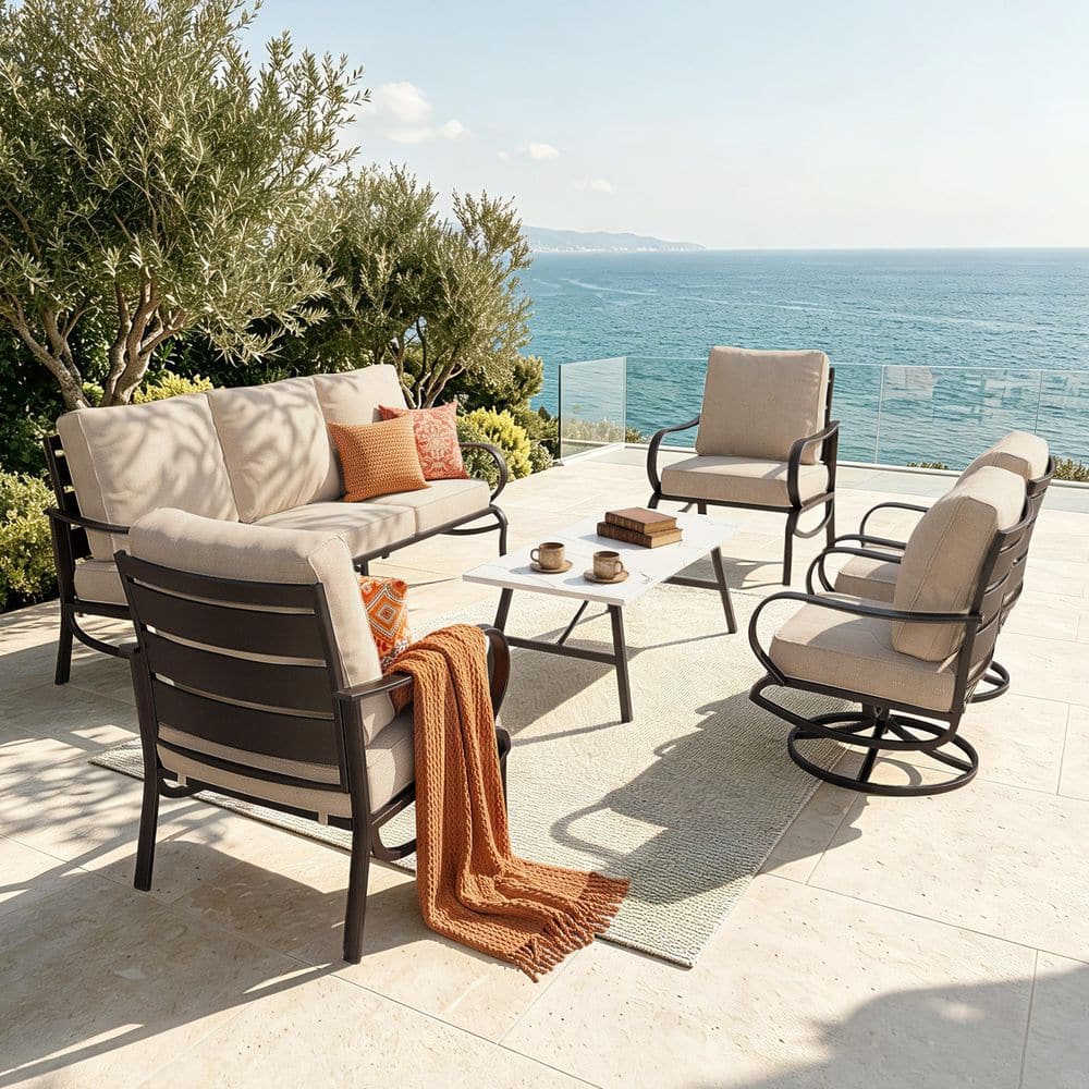 Metal Slatted 7-Seat 6-Piece Outdoor Patio Conversation Set with Beige Cushions, Table with Marble Pattern Top