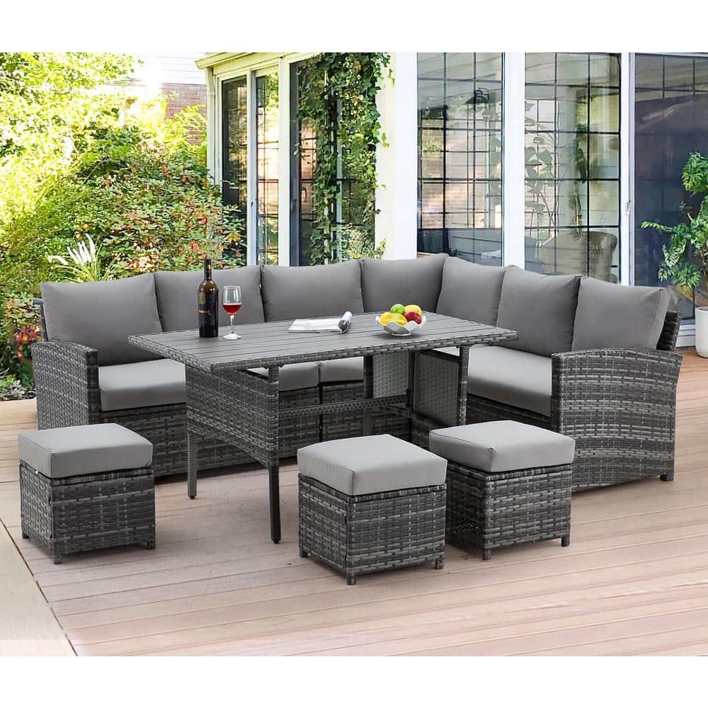 AECOJOY 7-Piece Wicker Patio Conversation Set with Gray Cushions