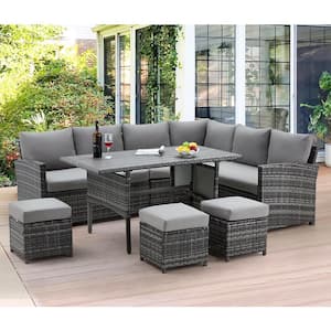 7-Piece Wicker Patio Conversation Set with Gray Cushions