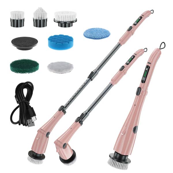 Electric Spin Scrubber, IPX7 Waterproof, 7-Replaceable Brush Heads, Adjustable Extension Handle, 3-Speeds, Sweeper