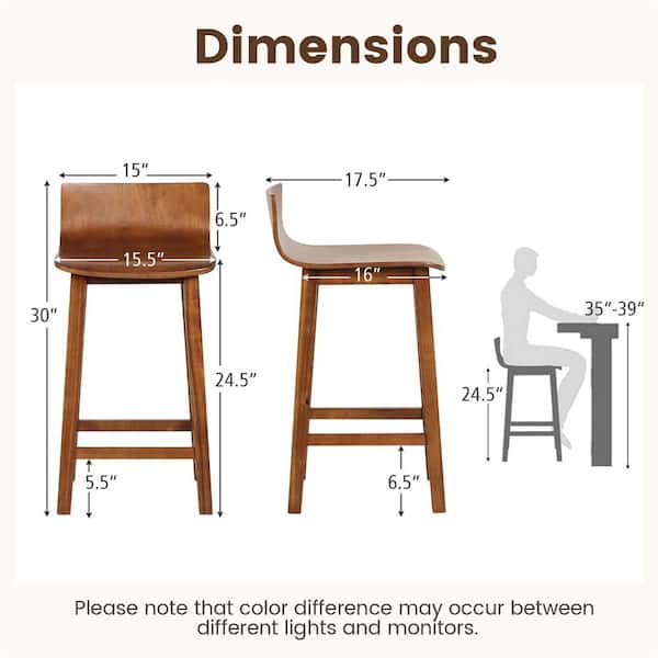 Costway Brown Wood Bar Stools with Solid Back and Seat