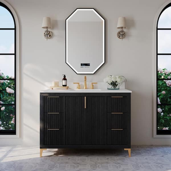 Ancerre Designs Turlington 48 in. W Single Sink Freestanding Bath Vanity in Black Oak with White Quartz Top