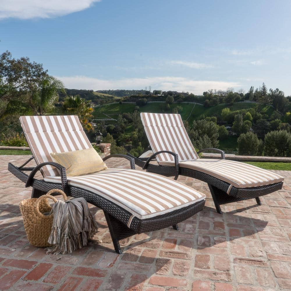 Miller Multi-Brown 2-Piece Plastic Outdoor Chaise Lounge Set with Brown/ White Stripe Cushions and Armrest -  Noble House, 12145