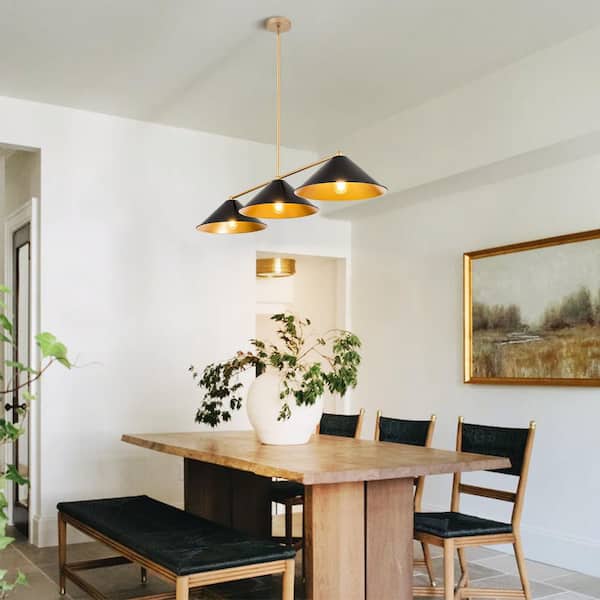 Lani 3-Light Black and Gold Metal Industrial Cone Linear Chandelier for Kitchen Island Dining Room