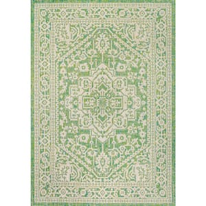 Sinjuri Medallion Textured Weave Cream/Green 3 ft. x 5 ft. Indoor/Outdoor Area Rug