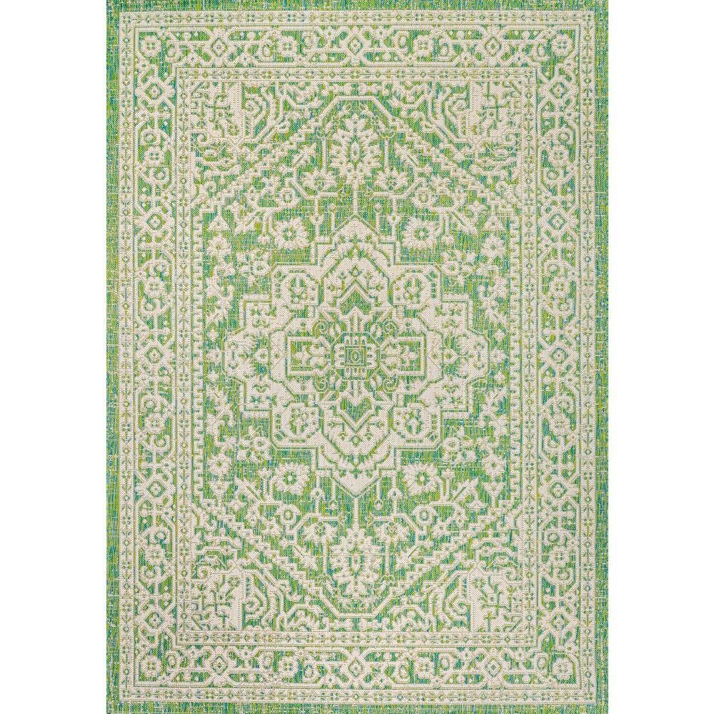 Sinjuri Cream/Green Medallion 4'x6' Synthetic Indoor/Outdoor Rug