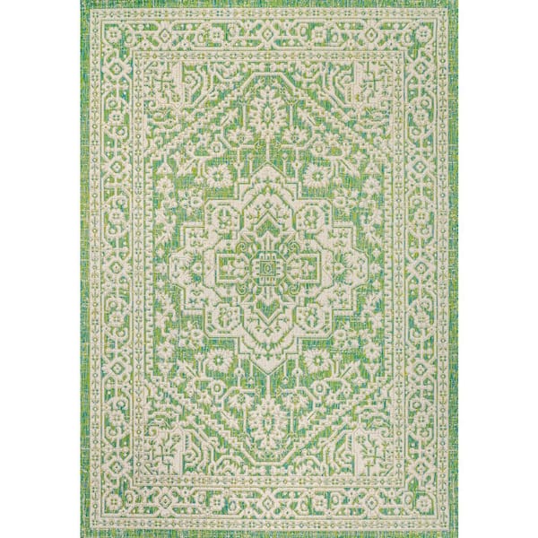 Sinjuri Medallion Textured Weave Cream/Green 3 ft. x 5 ft. Indoor/Outdoor Area Rug