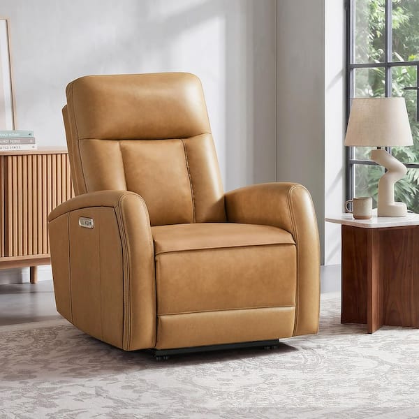 Brix Saddle Brown Faux Leather Power Wall Hugger Recliner for Small Spaces, Electric Reclining with High Back Support