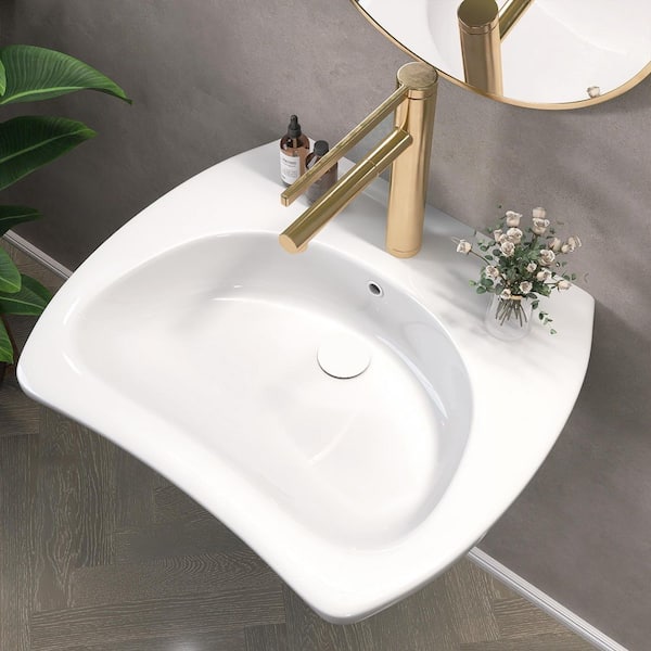 24 in Wall-Mounted Rectangular Bathroom Sink in Glossy White ADA Compliant Barrier-Free Lavatory Vessel Ceramic Sink