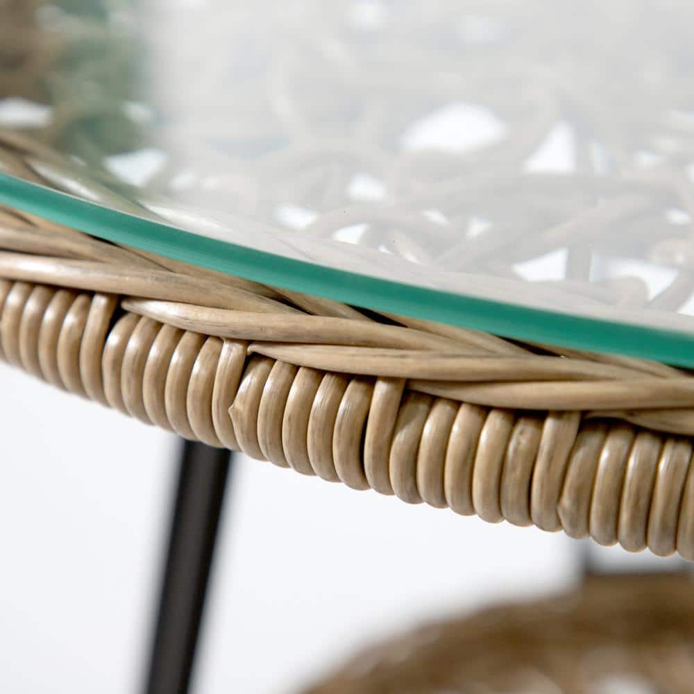 Tiny Natural Rattan and Glass Round Outdoor Side Table