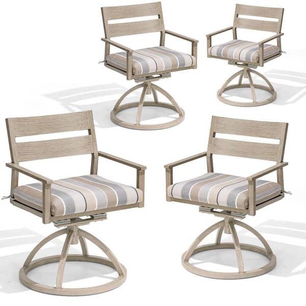 High-Grade Wood-Grain Swivel Aluminum Patio Outdoor Dining Chair with Sunbrella MILANO CHAR Striped Cushion (4-Pack)