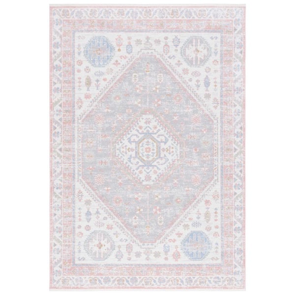 SAFAVIEH Bayside Ivory/Blue Pink 7 ft. x 9 ft. Machine Washable Traditional Medallion Area Rug