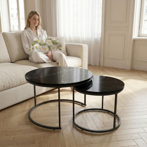 27.56 in. Black Round Wood Coffee Table Set with Sturdy Metal Frame for Living Room, Bedroom