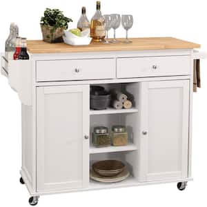 Natural Rolling Kitchen Cart with Solid Wood Top, 46" W Kitchen Trolley with Drawers, Spice Rack & Towel Rack