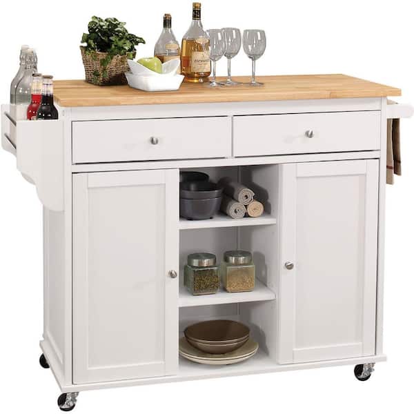 Tileon Natural Rolling Kitchen Cart with Solid Wood Top, 46" W Kitchen Trolley with Drawers, Spice Rack & Towel Rack