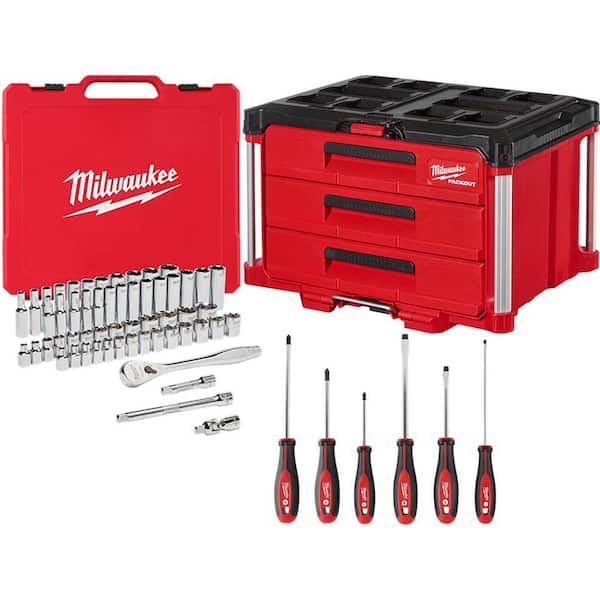 Milwaukee 3/8 in. Drive SAE/Metric Mechanics Tool Set (62-Piece) with PACKOUT 3-Drawer Tool Box