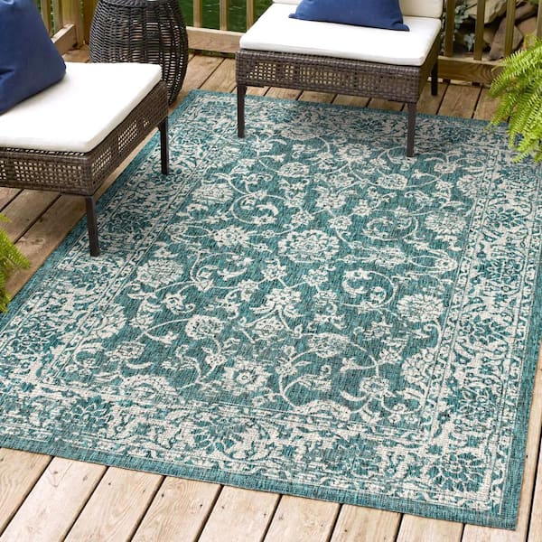 JONATHAN Y Tela Bohemian Teal/Gray 7 ft. 9 in. x 10 ft. Textured Weave Floral Indoor/Outdoor Area Rug