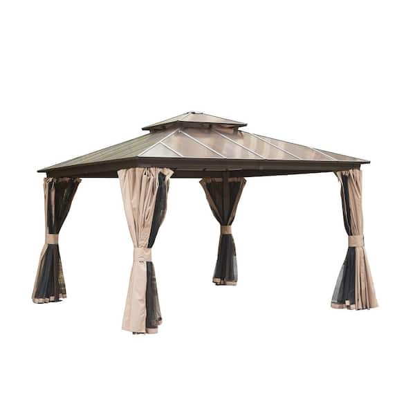 12 ft. x 12 ft. Hardtop Outdoor Polycarbonate Double Roof  Aluminum Gazebo with Netting and Curtains, Brown
