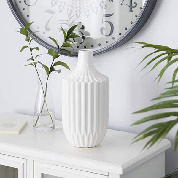 13 in. White Stripe Texture Ceramic Decorative Vase