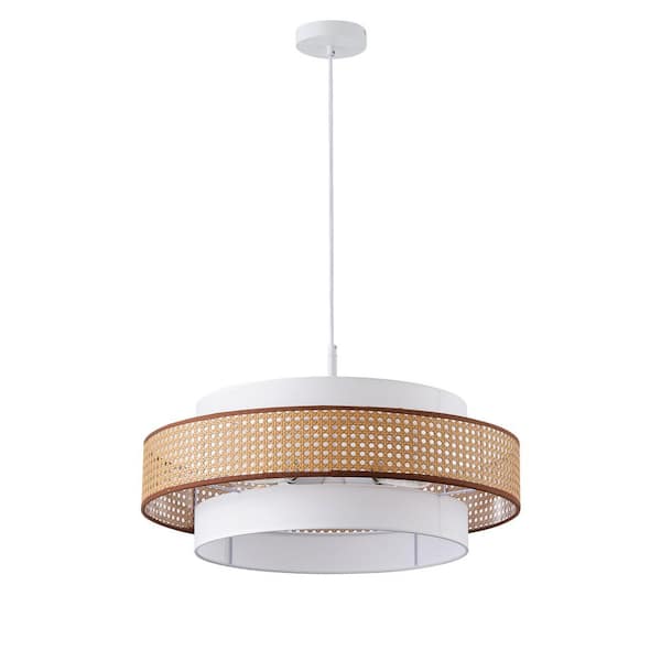 aiwen 23.62 in. 4-Light Boho Rattan White Chandelier Coastal Pendant Light with Fabric and Woven Basket Wicker Shades