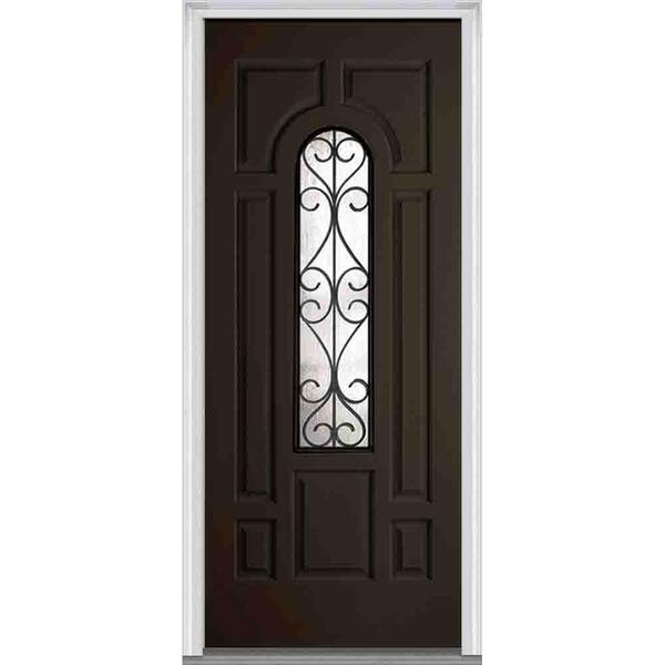 MMI Door 36 in. x 80 in. Camelia Left-Hand Center Arch Lite Decorative 7-Panel Painted Fiberglass Smooth Prehung Front Door