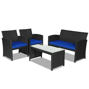 4-Piece Wicker Patio Conversation Set with 3 Navy Blue Cushions