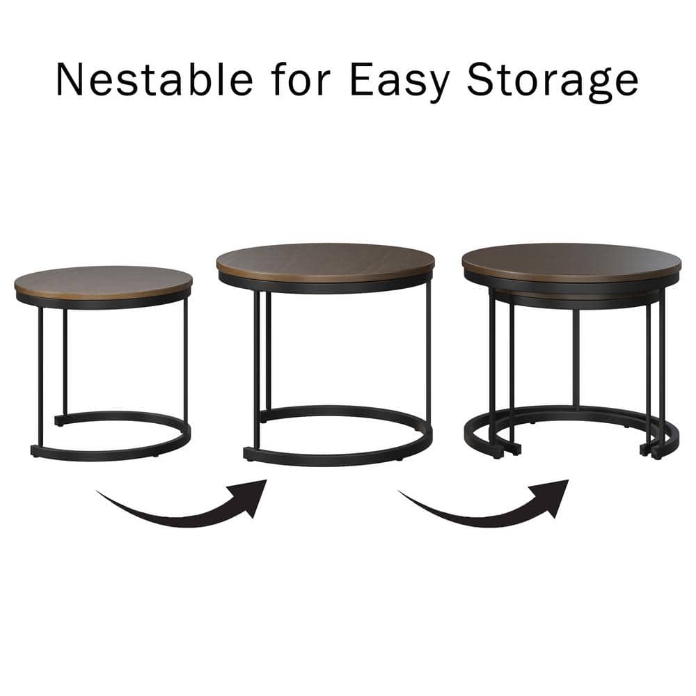 Modern Round Nesting Coffee Table Set in Sleek Brown Wood & Metal