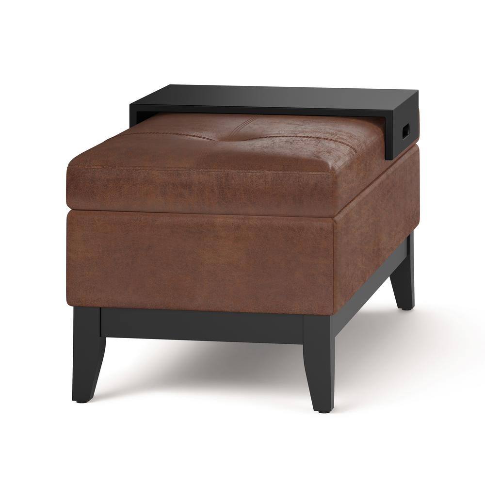 Distressed Saddle Brown Tufted Faux Leather Footstool with Tray