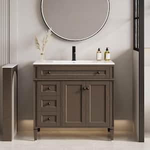 36 in. W x 18 in. D x 34 in. H 1-Sink Freestanding Bath Vanity in Brown With White Ceramic Top and Drain Faucet Set