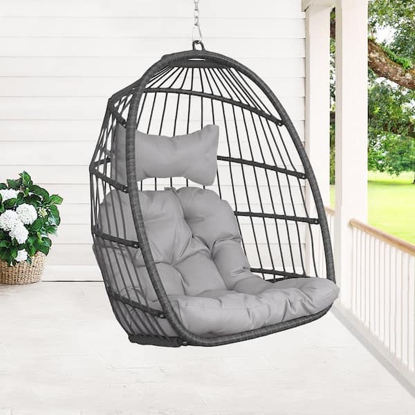 FINCATI Foldable 265lbs. 1 Person Gray Wicker Porch Swing Egg Chair with Gray Cusions