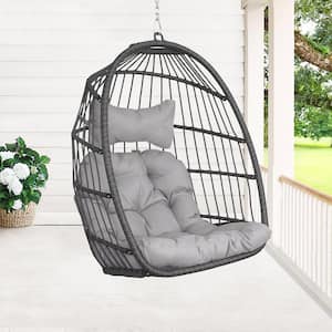 Foldable 265lbs. 1 Person Gray Wicker Porch Swing Egg Chair with Gray Cusions