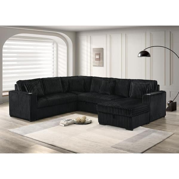 Jeniel 95 in W. Straight Arm 3-Piece Velvet Corduroy L-Shape Sectional Sofa in Black Color